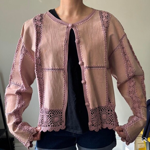 Other Jackets & Blazers - Y2K Fairycore Pink Suede crochet cottage Boho Knitwear Festival cardigan - Large